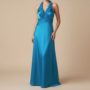 Y2K Caché silk satin halter beaded waist ruffle neckline turquoise blue dress